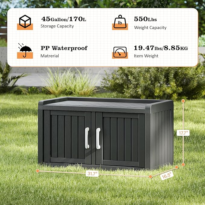 NUNU LAB Outdoor Storage Bench with 2 Barn Doors - Waterproof UV-Resistant Shoe Cabinet for Entryway, Indoor & Outdoor Use, Adjustable Shelves, Easy Assembly (Black, 31.7IN)