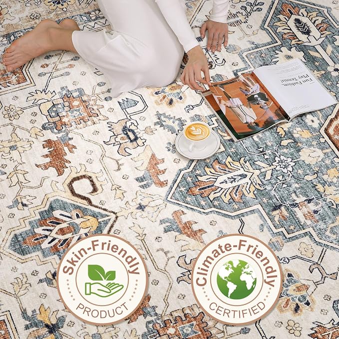 Runner Rug Kitchen Washable Rugs: 2x5 Non-Slip Boho Vintage Distressed Stain Resistant Indoor Neutral Farmhouse Throw Carpet for Hallway Bathroom Laundry Room Entryway Bedroom- Beige Blue