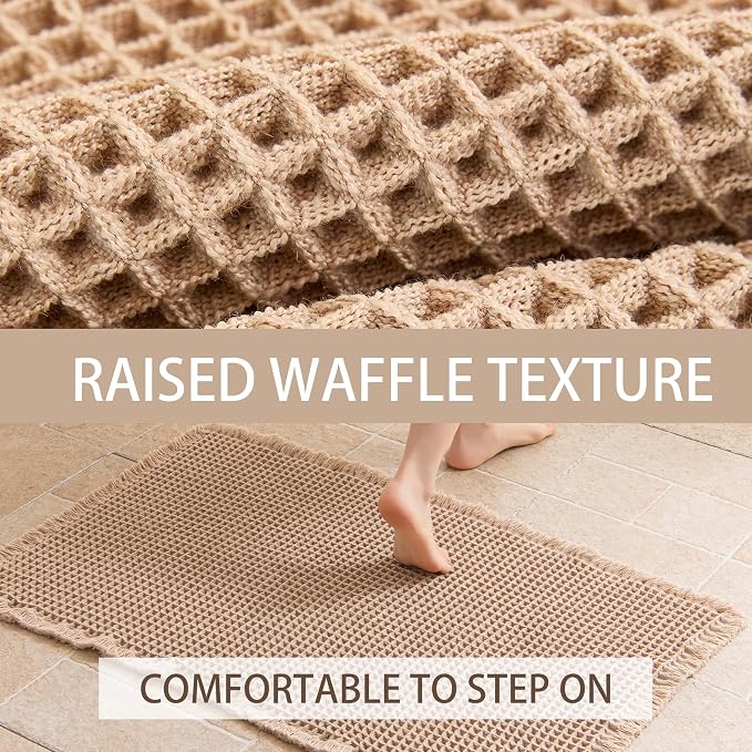 Waffle Bath Mat Non Slip, Boho Runner Rug, Super Absorbent Quick Dry Long Bath Runner Bathroom, Soft Farmhouse Bath Rug with Tassels, Washable Shower Mats for Floor 24"x48", Brown