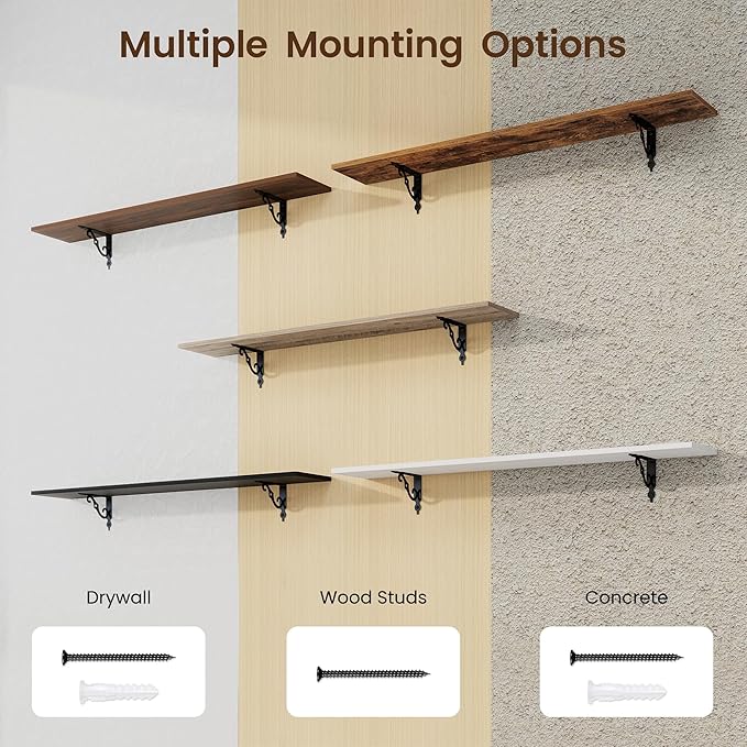 RICHFOCUS Floating Shelves for Wall Decor, 47.3W x 8D Shelves Set of 2, 8 Inch Deep Rustic Wood Shelves Wall Mounted with Brackets, Long Floating Shelves for Living Room Bedroom Kitchen, Black