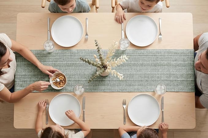 PurpleEssences Chambray Table Runner with Fringes - 100% Cotton, 13x72 Inch - Rustic Farmhouse Table Décor, Reusable, Machine Washable for Dining Tables - Spring Easter Summer - Olive Green & H.White