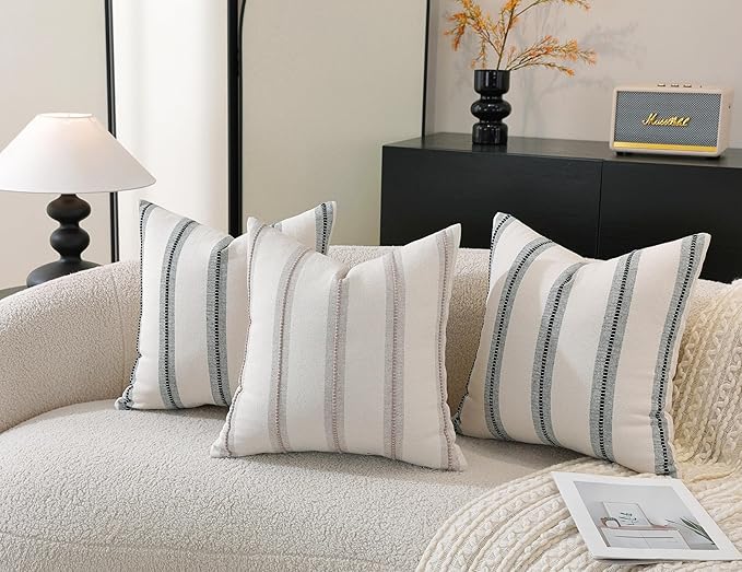 Cethom Boho Throw Pillow Covers 20x20 Set of 2, Beige and Black Striped Decorative Pillow Cases for Couch Chair Bed, Textured Farmhouse Accent Cushion Covers for Living Room Bedroom Sofa Home Decor