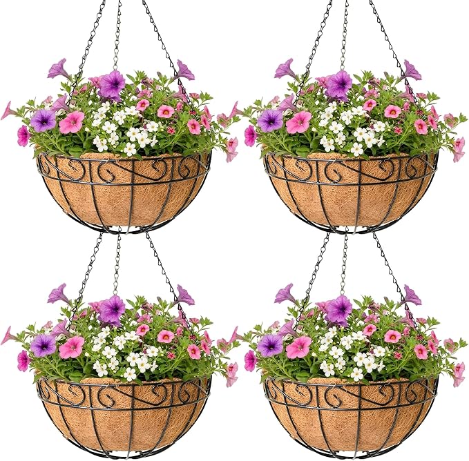 4 Pack Hanging Planter for Outdoor Plants 14 inch Metal Hanging Flower Basket with Coco Coir Liner Round Wire Plant Holder Chain Flower Pots Outdoor Garden Decoration Watering Hanging Baskets（HB）