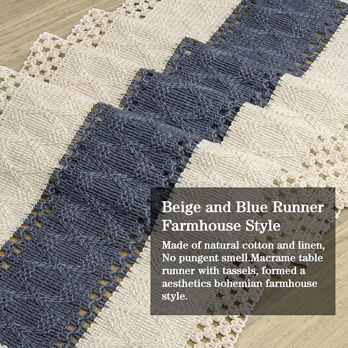 yuboo Boho Macrame Dresser Runner, Navy Blue Coffee Table Runner Short, Rustic Summer Coastal Table Runner Farmhouse Style for Nightstand, End Table, Desk Table, Bohemian Dresser Decor, 48 Inches Long