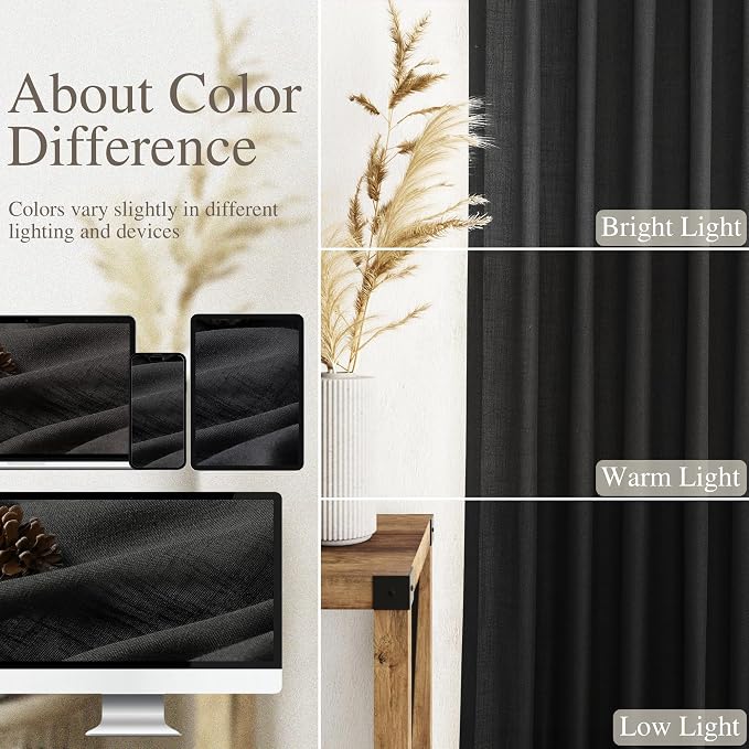 Nanspring Black 102 Inch Linen Curtains for Living Room Back Tab Rod Pocket Privacy Semi Sheer Light Filtering Curtains Simple Modern Soft Material Panel Drapes for Bedroom,2 Panels, 60x102