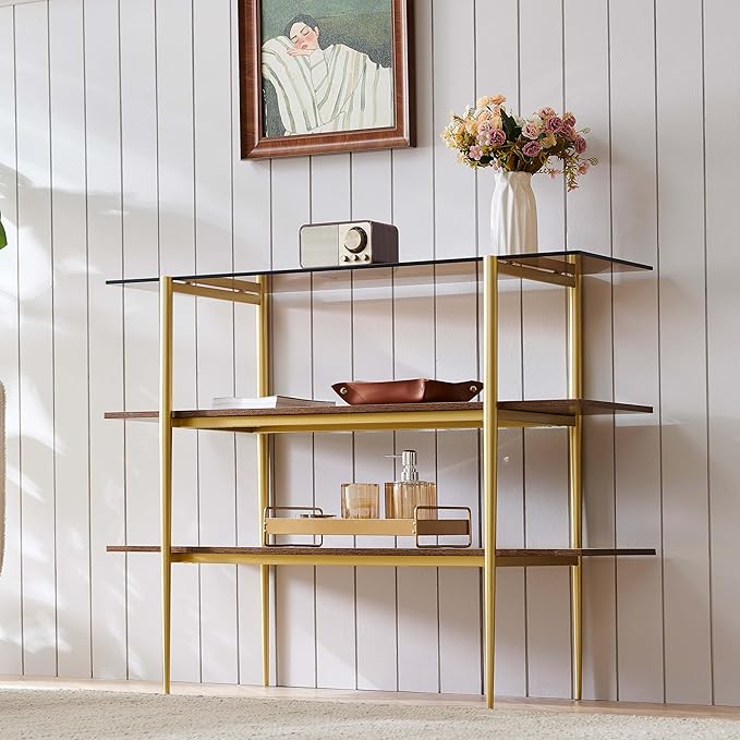 LumFurn Glass Console Table for Living Room, Foyer & Entryway, L41 x W14 x H31 Inch, 3-Tier Mid-Century Modern Sofa Table with Amber Glass Top, Walnut Finish Wood Shelf and Gold Finish Frame
