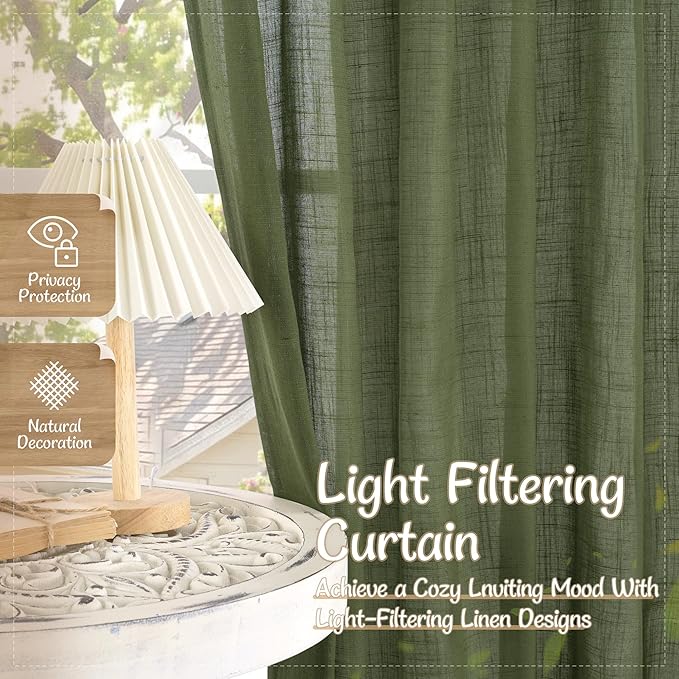 LAMIT Olive Green Sheer Linen Curtains 84 Inches Long 2 Panels Set, Light Filtering Living Room Panels Back Tab and Rod Pocket Christmas Farmhouse Drapes for Bedroom/Sliding Glass Door, 52 x 84 Inch