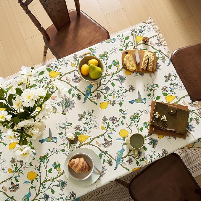 Vintage Colorful Floral Tablecloths Rectangular: Linen Printed Farmhouse Table Cloth - Whimsical Plant Lemon Bird Patterned on Cream Burlap Textured Outdoor Table Cover for Home Decor, 55x120 Inch