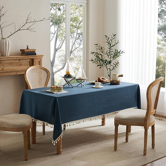 Linen Tablecloth with Tassels, Farmhouse Style Navy Tablecloth, Water Resistant Burlap Tablecloths for Rectangle Table, 60x120 Inch Navy