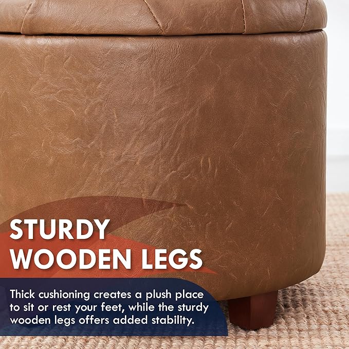 Ornavo Home Decor Round Ottoman with Storage, Round Vanity Chair Stool Ottoman Pouf with Storage for Living Room and Bedroom, Faux Leather Mocha