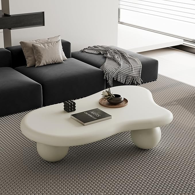 40" Modern White Coffee Table Cloud Shape Low Center Table Cute Irregular Indoor Tea Table with 3 Ball Legs for Living Room Small Space