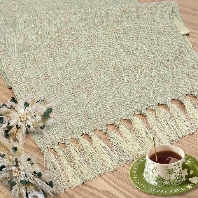 yuboo Sage Green Table Runner 48 Inches - Boho Farmhouse Coffee Table Runner for Living Room, Summer Macrame Runner for Round Table & TV Stand