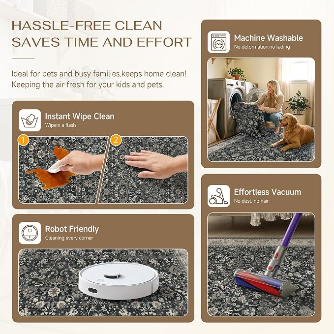 HUGEAR Round Rug 5ft Entryway Rugs Machine Washable Black Beige Hallway Area Rug 5x5 Small Circle Accent Rug Floral Low Pile Carpet Soft Throw Rug Living Room Office Laundry Room Entrance Non Slip