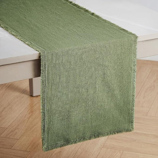 KINGSTONE 14 x 108 Inches Frayed Edge Table Runner, 270G Heavyweight Sand Washed Slub Texture Cotton Linen for Modern Farmhouse, Rustic Home Decorations Dining Room Wedding Boho Decor, Moss Green