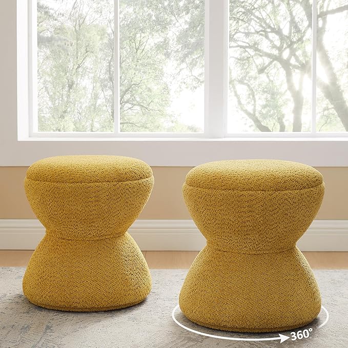 VANOMi Multi-Functional Boucle Ottoman, Set of 2, Vanity Stool Chair, Sturdy Rotating Wooden Footstool, Suitable for Living Room, Bedroom, and Entryway, Without Installation, Swivel, Yellow