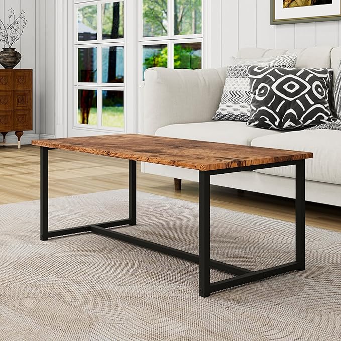 Coffee Table Rectangular Center Table for Living Room Open Space Side Table with Metal Frame, Easy Assembly, Black+ Rustic Brown Wood Coffee Table