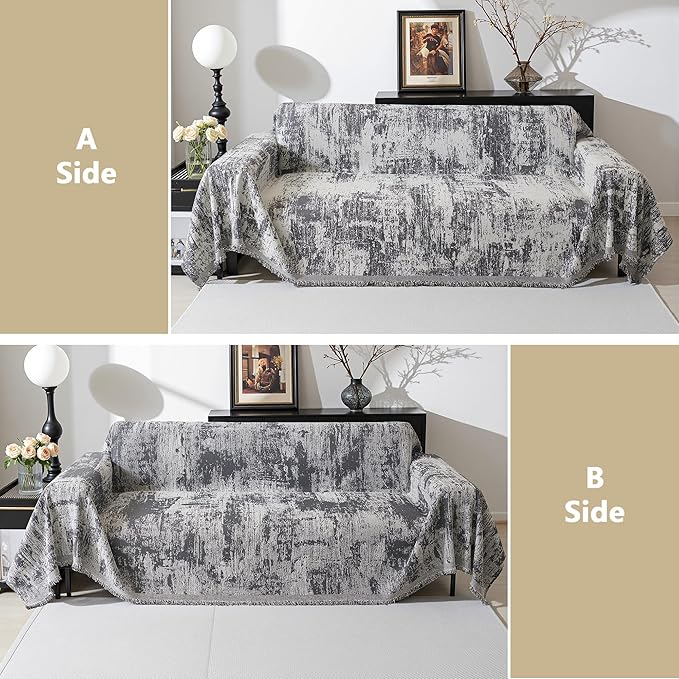 MEETSKY Couch Cover Boho Sofa Covers Couch Covers for 3 Cushion Couch Sofa Pet Friendly, Washable Abstract Geometric Sofa Slipcover L-Shape Sectional Sofa Cover with Tassel, 91" x 134", Deep Grey