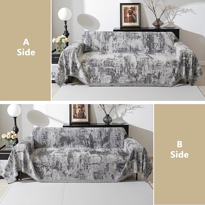 MEETSKY Oversized Couch Cover for Sectional Sofa Set Abstract Geometric Chenille Sofa Cover Washable for Pet Friendly, Couch Cover 3 Seat Couch Protector Multi-Use Blanket, 91"x150", Deep Grey