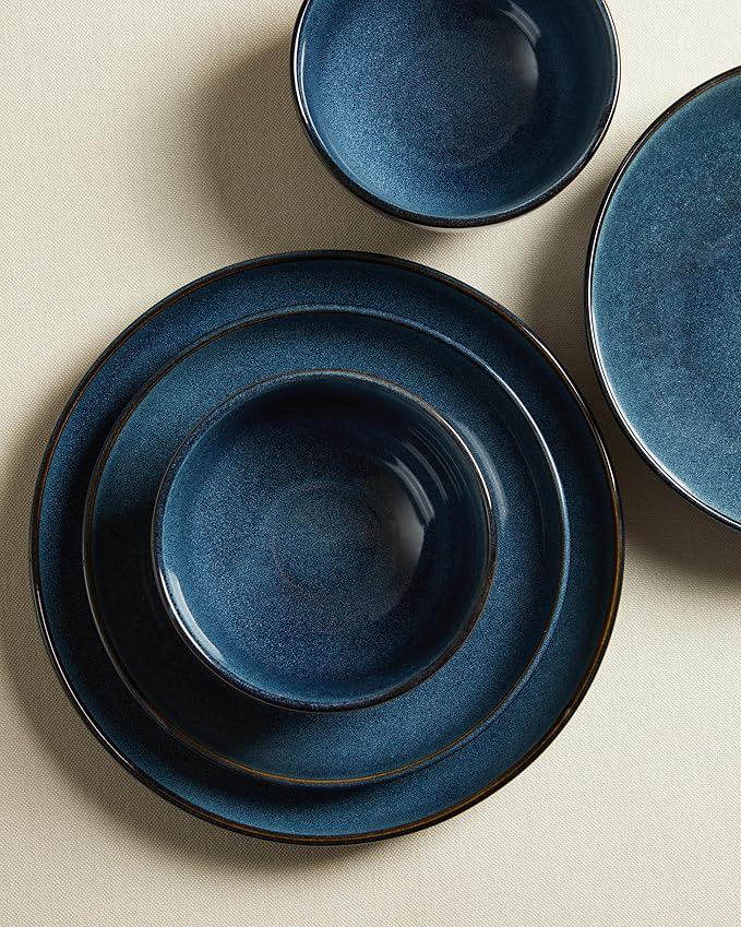 Pokini Stoneware Dinnerware Sets for 6, 18 Pieces Ceramic Plates and Bowls Sets, Chip and Scratch Resistant Dish Set, Dishwasher & Microwave Safe Plate Set, Starry Blue