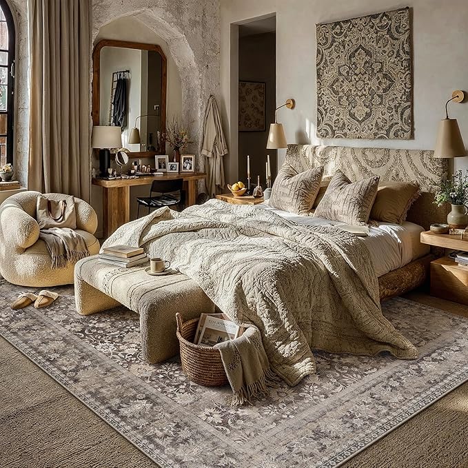 HUGEAR 8x10 Machine Washable Rugs Coffee Brown Hallway Large Area Rug Indoor Accent Rug Floral Low Pile Carpet Soft Throw Aesthetic Rug Bedroom Living Room Office Dining Room Kitchen Laundry Room