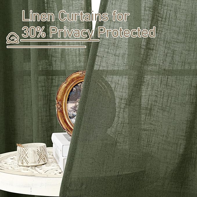 LAMIT Olive Green Linen Window Curtains 30 Inches Long 2 Panels, Semi Sheer Light Filtering Panels Back Tab and Rod Pocket Christmas Drapes for Basement/Small Windows, 34 x 30 Inch
