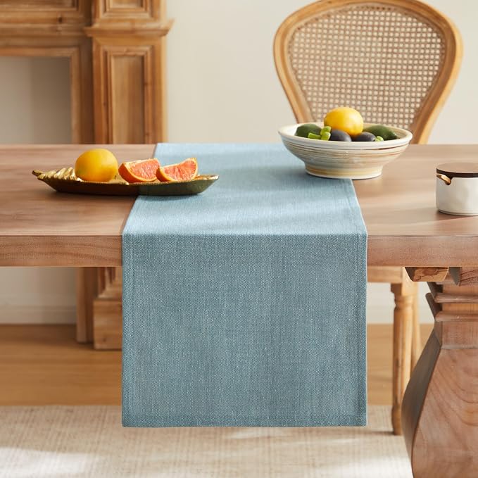 ZeeMart Rustic Cotton Linen Table Runner, 13x36 Inches River Blue, Farmhouse Style Blue Table Runners 36 Inches Long, Washable Kitchen Dining Table Decoration for Home Party Decor