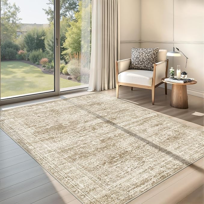 Area Rugs 4x6 for Living Room, Non-Slip Backing Small Kids Rugs for Bedroom, Vintage Abstract Rug Home Decor, Low Pile Soft Washable Rug for Kitchen, Dining Room(4'x6', Brown/Ivory)