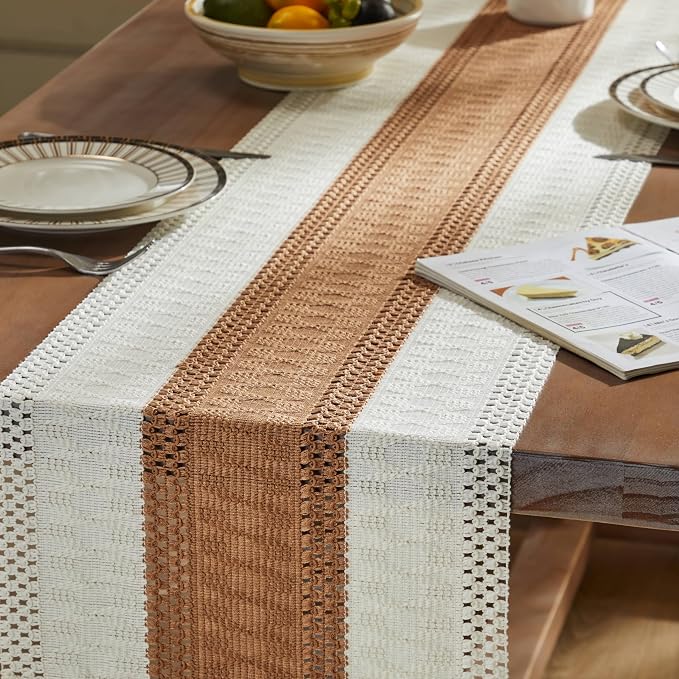 ZeeMart Macrame Style Bicolor Stitching Table Runner, 14 x 72 Inch Caramel/Ivory, Boho Caramel Table Runners 72 Inches Long, Farmhouse Woven Home Decor
