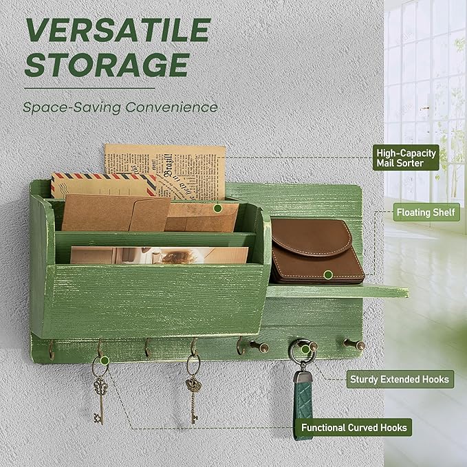 Rebee Vision Pine Wood Key Holder Wall Mount for Apartment Essentials - Farmhouse Key Holder for Wall with Mail Slot & Shelf for Mail & Accessories - Rustic Charm for Home Decor Aesthetic (Green)
