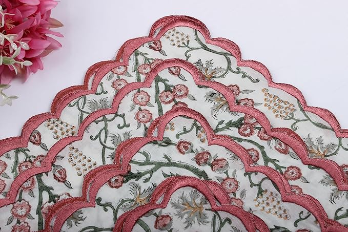 Ridhi Hand Block Print Coral Pink 18" x 18" (Set of 4) Embroidery Table Napkins Reusable Cotton Dinner Napkins for Weddings, Parties, Everyday Dining Gift for Spring, Easter, Valentine