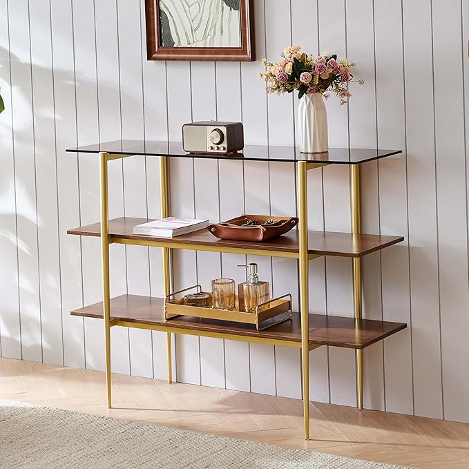 LumFurn Glass Console Table for Living Room, Foyer & Entryway, L41 x W14 x H31 Inch, 3-Tier Mid-Century Modern Sofa Table with Amber Glass Top, Walnut Finish Wood Shelf and Gold Finish Frame