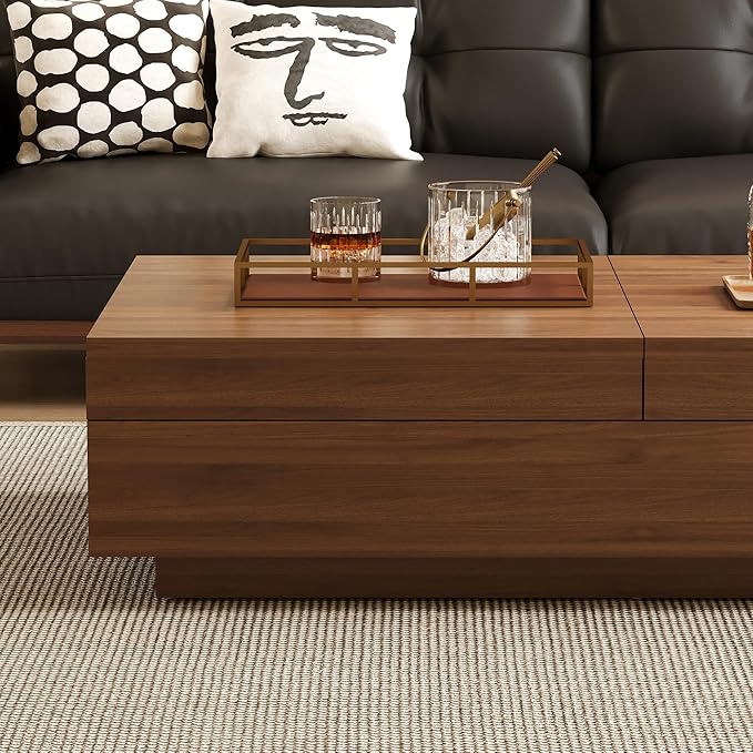 Mid-Century Modern Expandable Coffee Table, 47.2"-81.8" Adjustable Walnut Center Table with Large Hidden Storage for Living Room