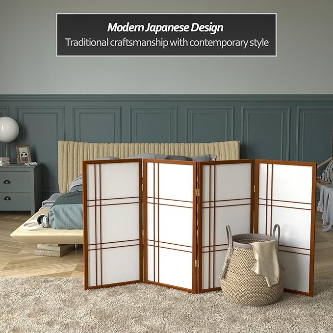 3 ft. Short Double Cross Shoji Screen - Walnut - 4 Panels