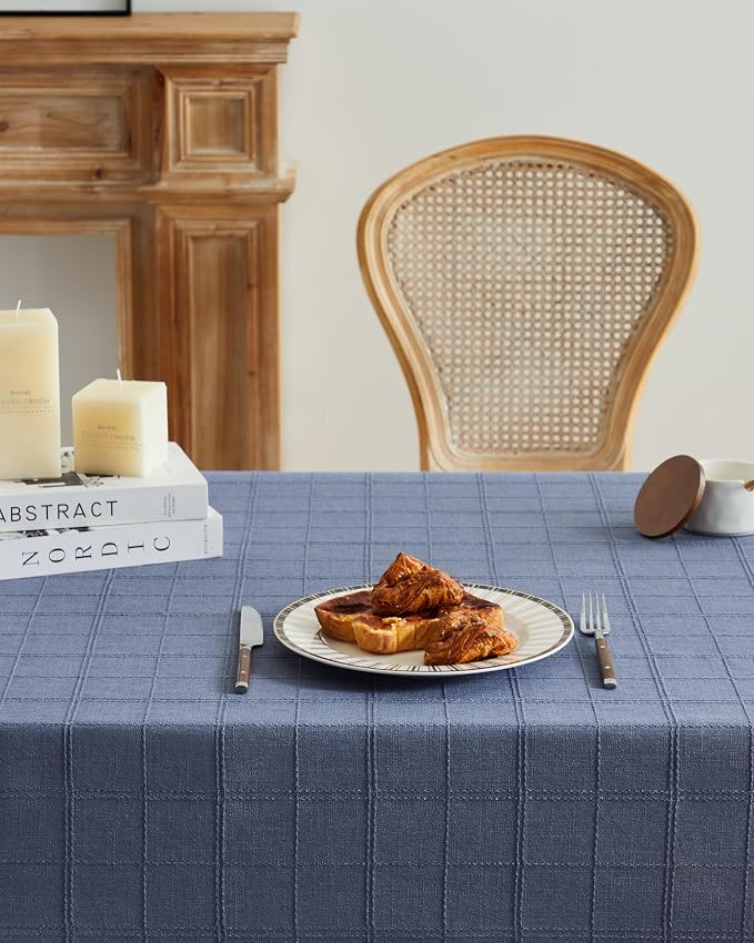 ZeeMart Linen Checked Table Cloth 52 Inches Round, Farmhouse Style Plaid Embroidered Water Resistant Table Cover, Blue