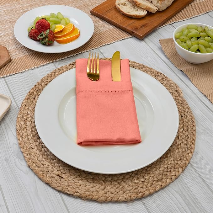 Blue Needles Set of 6 Hemstitch Linen Napkins 100% Cotton Salmon Cloth Dinner Napkins 18x18 inches - Spring Summer Easter - Soft, Reusable, Absorbent, Washable, Ideal for Parties & Everyday Use
