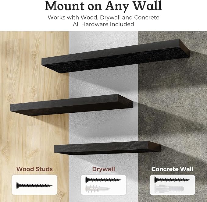 Floating Shelves for Wall, 9.3" Deep Wall Mounted Wood Shelves for Bathroom, Bedroom (Black, 55)