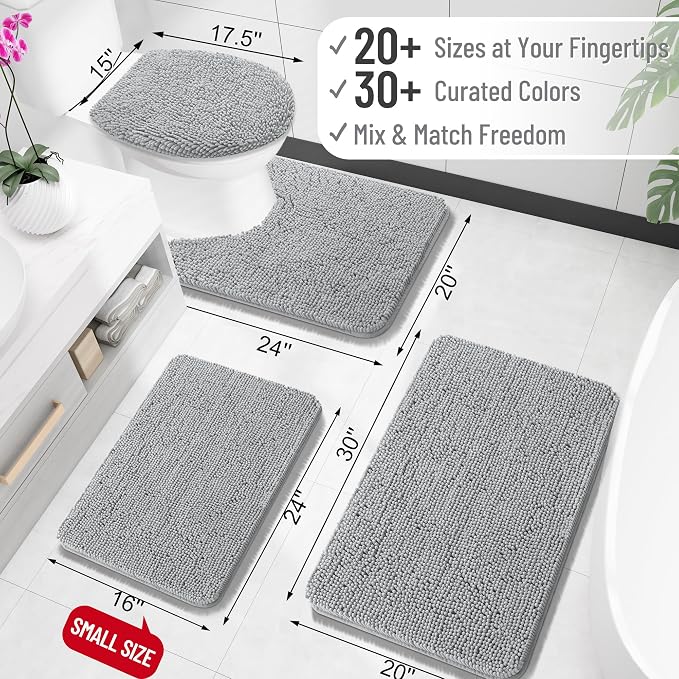 OLANLY Bathroom Rugs 34x21, Extra Soft Absorbent Chenille Bath Rugs, Rubber Backing Quick Dry, Machine Washable Bath Mats for Bathroom Floor, Tub and Shower, Home Decor Accessories, Light Grey
