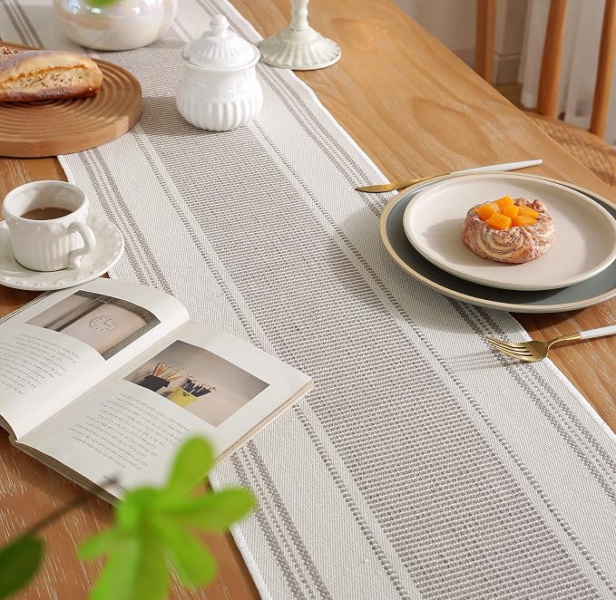Caflife Boho Table Runner Natural Stripe for Modern Farmhouse Coffee Table Decor, Rustic Woven Runner with Handcrafted Tassels for Home Dining Table décor 13 x 72 Inch Long