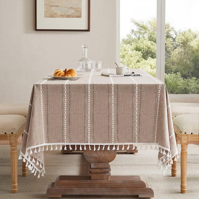 ZeeMart Hemstitched Embroidery Striped Boho Tablecloth 60x60 Inch Taupe, Heavy Weight Farmhouse Burlap Linen Light Brown Tablecloth, Wrinkle Resistant Washable Table Cloth for Square Table