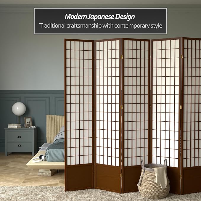 Oriental Furniture 7 ft. Tall Window Pane Shoji Screen - Walnut - 6 Panels