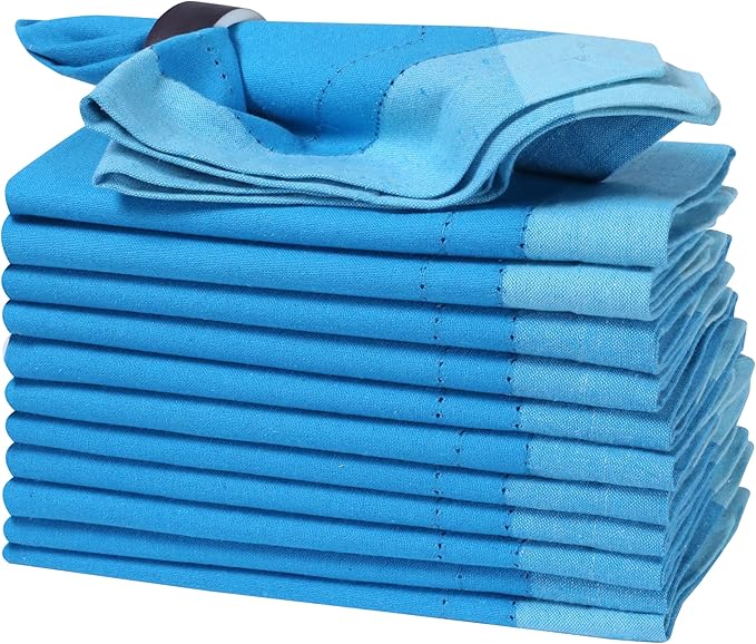 Bedding Craft Cotton Cloth Napkins Set of 12 – 20x20 Teal Blue Multi Double Hemstitched – Machine Washable Dinner Napkins for Weddings, Parties & Father’s Day Celebrations