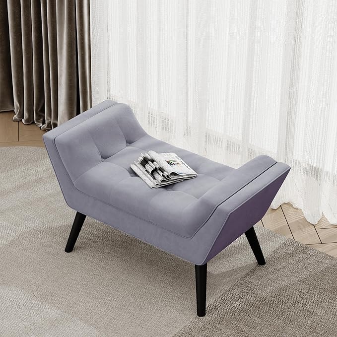 Alunaune Velvet Tufted Ottoman Bed Bench for Bedroom End of Bed Bench Ottoman, Upholstered Small Entryway Bench Modern Storage Footstool Bench with Wooden Legs-Light Gray