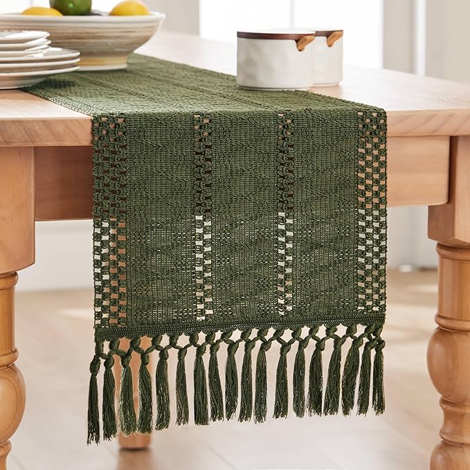 ZeeMart Macrame Style Boho Table Runner, Olive Green Table Runners 36 Inches Long, Farmhouse Woven Home Decor, 12x36 Inch, Olive