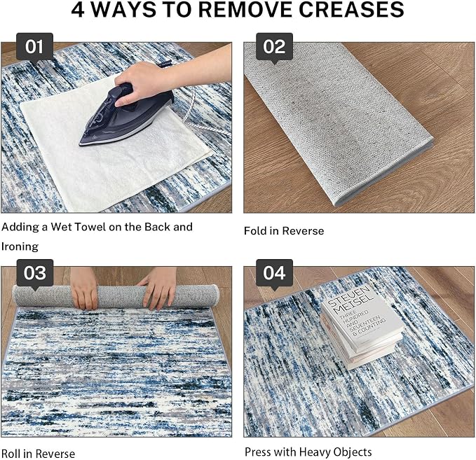 Lansny Modern Abstract 5x7 Area Rug, Washable Rugs for Living Room, Non-Slip Dining Room Rug, Soft Thin Printed Faux Wool Floor Carpet for Bedroom Nursery Playroom Office, Grey Blue White