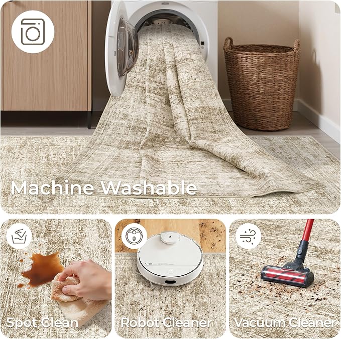 3x20 Washable Runner Rug for Hallway, Non-Slip Long Hallway Runner for Entryway, Soft Vintage Kitchen Mats for Floor, Abstract Dining Room, Bedroom, Living Room Rugs(3'x20', Brown/Ivory)
