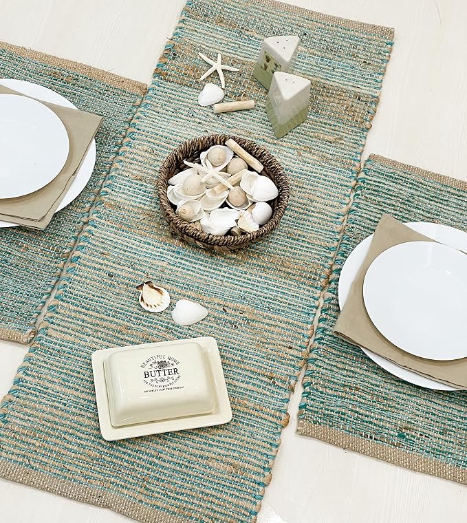 Chardin home Natural Jute Table Runner 13x36 Inch – Vintage Boho Rustic Table Decor – Handwoven Table Runner in Natural Jute and Aqua Turquoise – Farmhouse Dining or Console Table Accent
