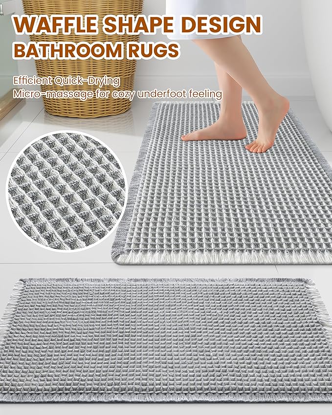 Smiry Waffle Bath Mat 30x20, Extra Soft Absorbent Bathroom Rugs, Non Slip Machine Washable Quick Dry Bath Rugs for Bathroom Floor, Tub, Shower, Home Decor Accessories, Lightgrey & Cream