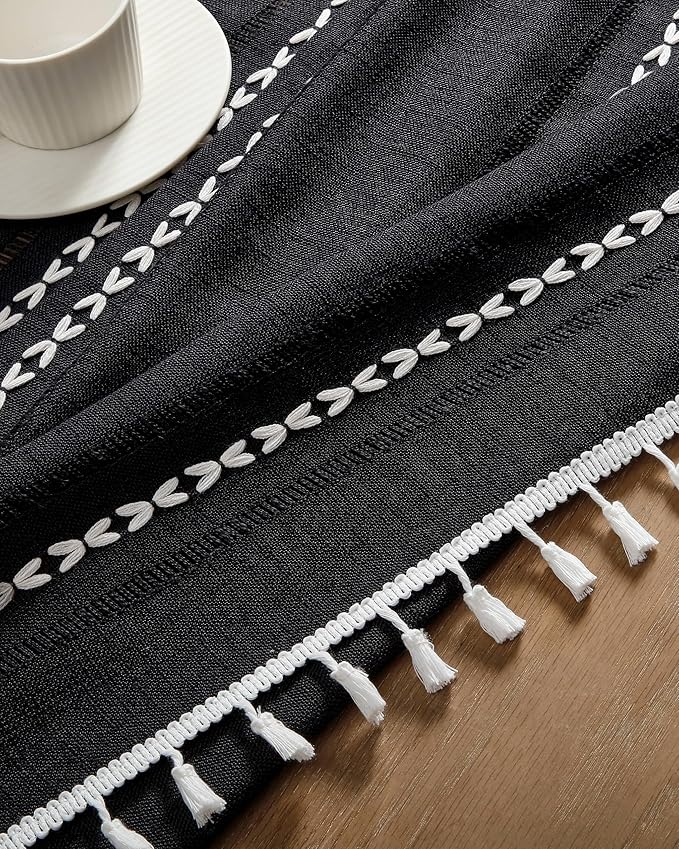 ZeeMart Hemstitched Embroidery Striped Boho Tablecloth 54 Inch Round Black, Heavy Weight Farmhouse Burlap Linen Black Tablecloth, Wrinkle Resistant Washable Table Cloth for Round Table