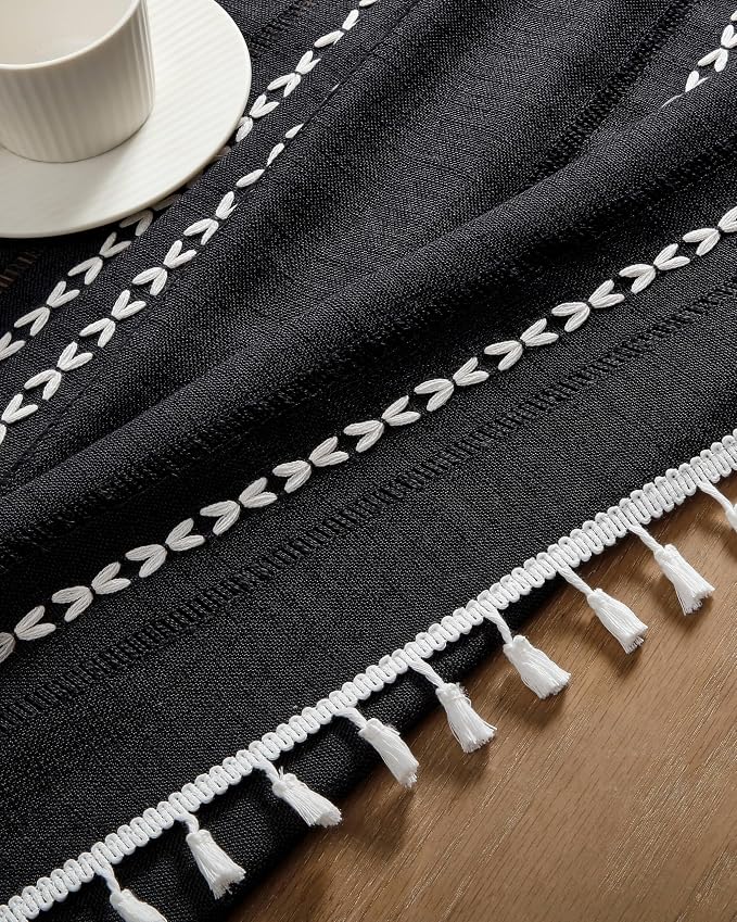 ZeeMart Hemstitched Embroidery Striped Boho Tablecloth 60x104 Inch Black, Heavy Weight Farmhouse Burlap Linen Black Tablecloth, Wrinkle Resistant Washable Table Cloth for Rectangle Table