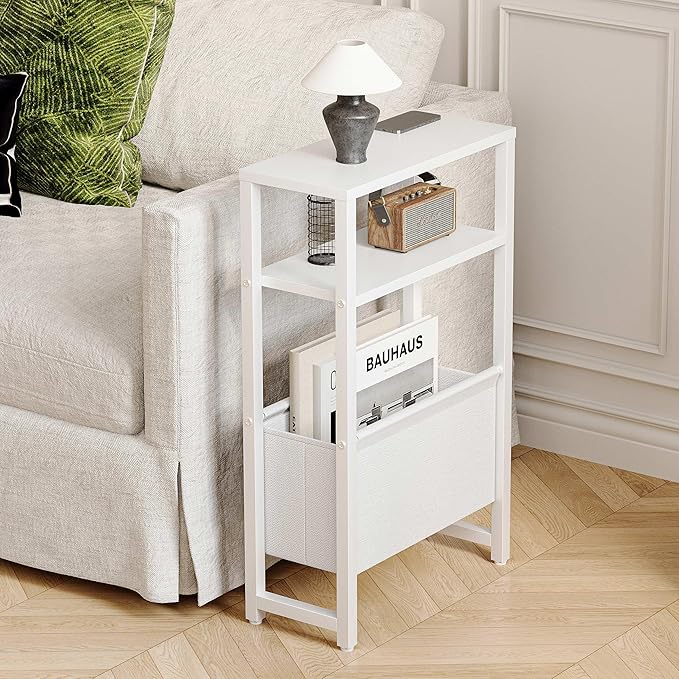 Narrow Side Table with Charging Station Slim End Table Sofa with Magazine Rack, Bedside Table for Small Spaces, 3 Tier Nightstand for Living Room Couch, Bedroom White LET503WE